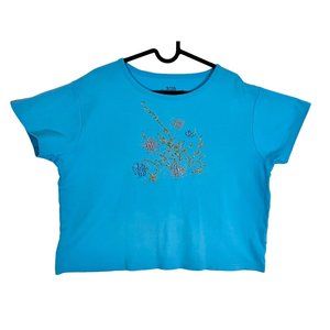 Palm Grove Large Ocean Blue Short Sleeve Rhinestone Embellished Fish & coral top